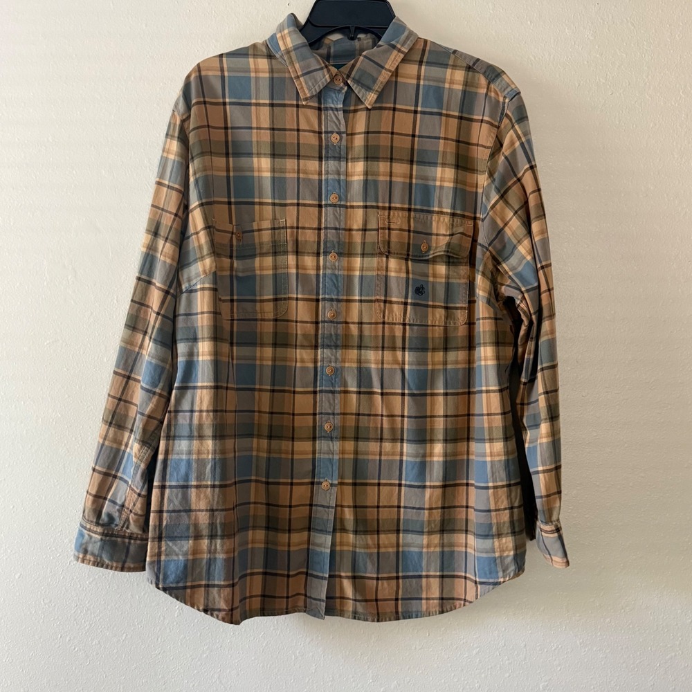 Lauren Ralph Lauren Plaid Button Down Shirt Brown Blue Long Sleeve Monogram 2x W